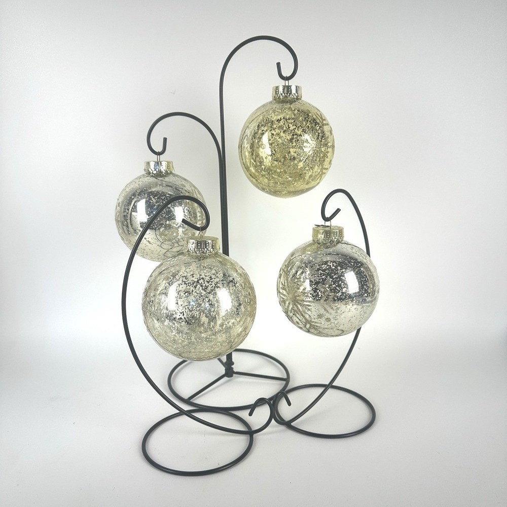 Set Of 4 Silver /gold Crackle Shatterproof Ornaments Mercury Glass Look 3" - Picture 1 of 6